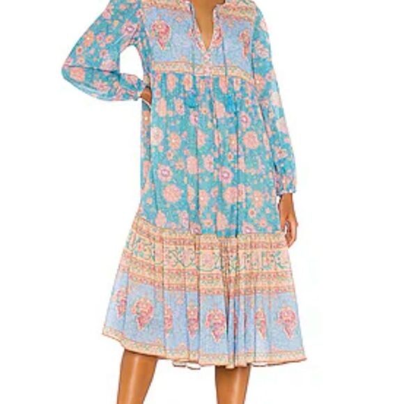 SPELL LOVE STORY Floral Bohemian Blue and Pink Midi Dress Small - Picture 1 of 3